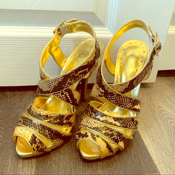 BCBGirls Shoes - BCBG Gold Snake Print Strapy Heels EUC